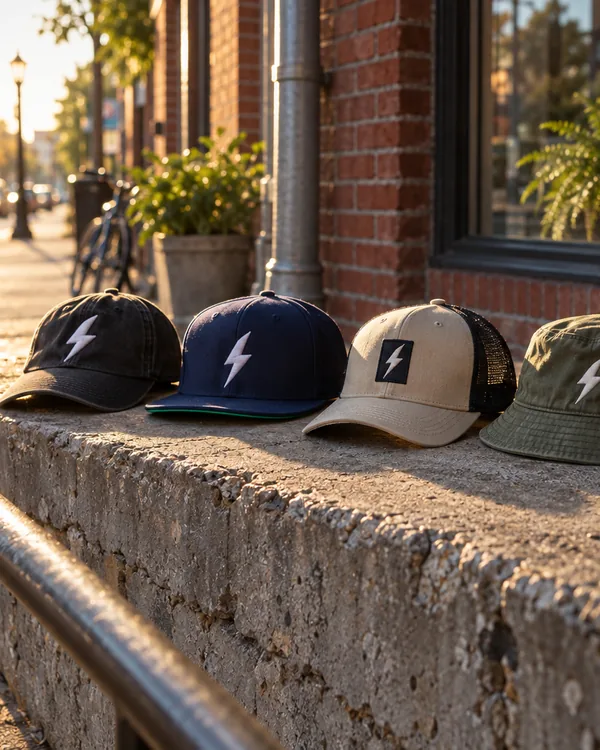 Black, navy and sand caps with a bolt logo, lined up on a sunny ledge
