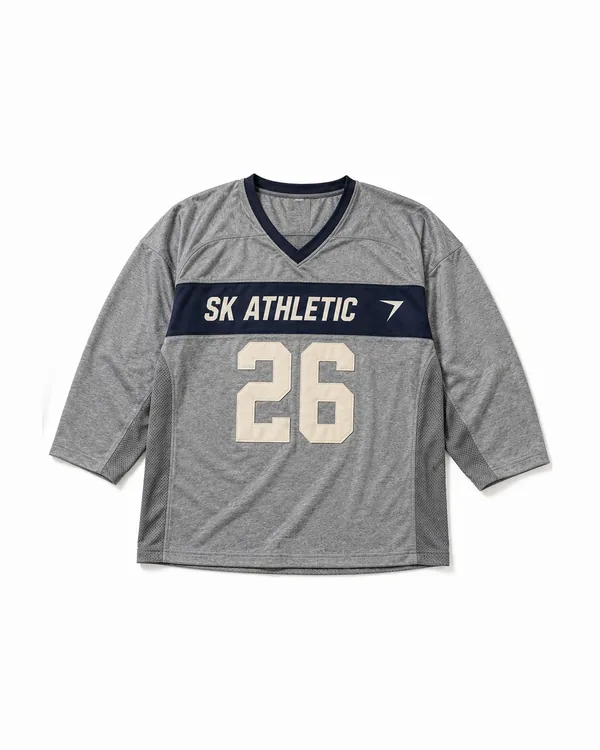 Gray hockey practice jersey with a navy chest stripe and the number 26