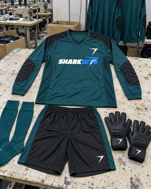 Teal goalkeeper jersey with black padded elbows and SHARKNITS across the chest, laid out with black shorts, teal socks and black goalkeeper gloves