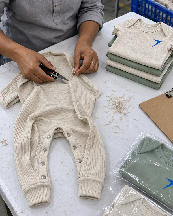 A worker trims loose threads from an oatmeal rib romper at an inspection table, beside stacks of folded baby clothes