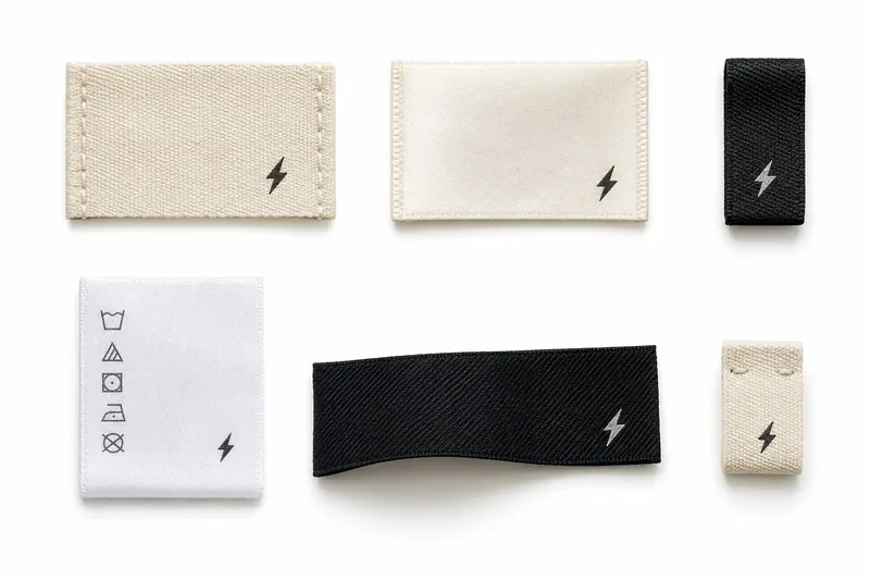 Woven and printed neck labels, a care label and a woven tab, each with a bolt