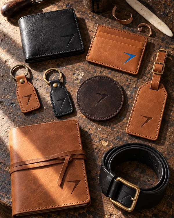Leather goods on a workbench: a black wallet, a tan card holder with a blue foil bolt, two keychains, a round coaster, a luggage tag, a journal cover and a rolled black belt