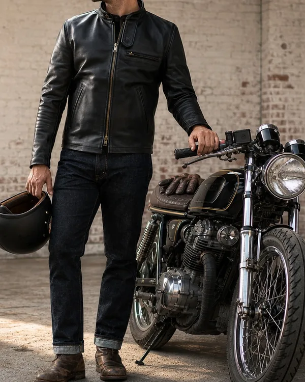 A man in a black leather cafe racer jacket, holding a helmet, next to a motorcycle