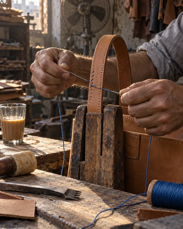 Hands saddle stitching a tan leather bag handle with blue waxed thread, the leather held upright in a wooden stitching clamp