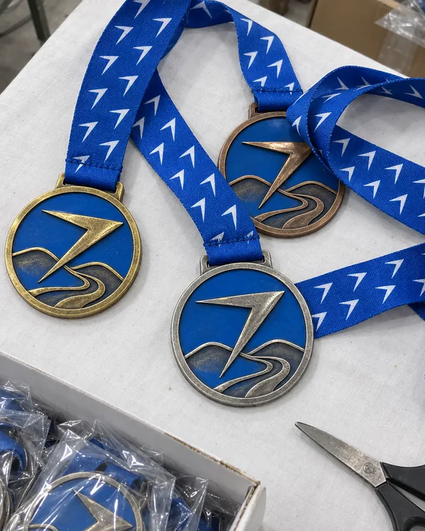 Three medals of the same design on blue ribbons printed with small white bolts, with more medals bagged in a box below