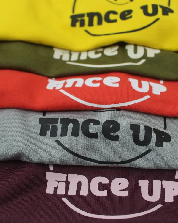 Fince Up logo printed on tees in five colors