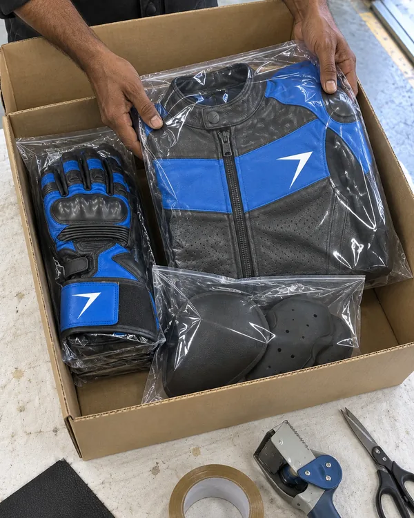 Hands lower a bagged leather jacket into a box that already holds bagged gloves and foam pads