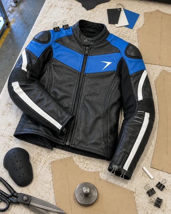 A first sample of a black and blue leather jacket with clips at the shoulder, beside paper patterns, leather swatches and shears