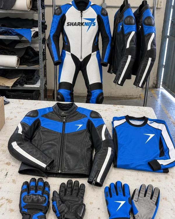 A one-piece race suit with SHARKNITS across the chest on a rail, behind a table of leather jackets, a motocross jersey and gloves