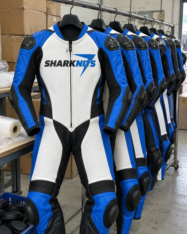 One-piece leather race suits on a rail in a run of sizes, the nearest showing SHARKNITS across the chest