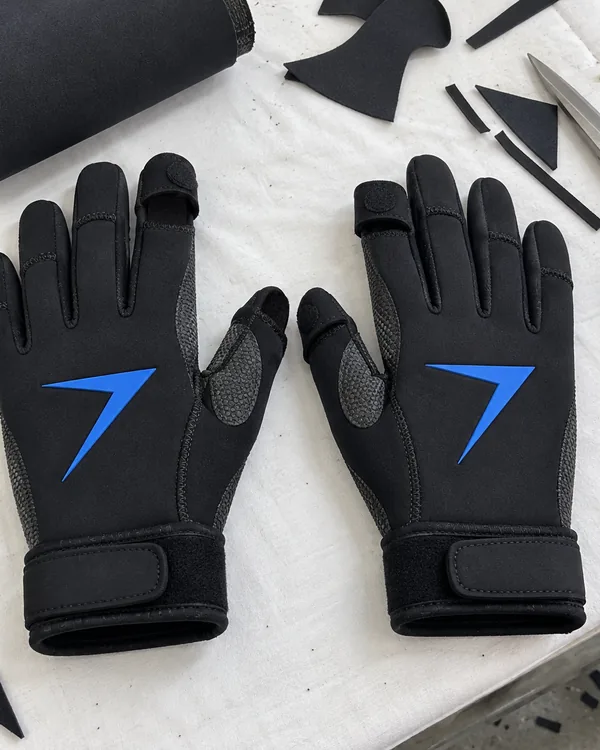 Pair of black neoprene fishing gloves with a blue bolt on each back, the thumb and index tips folded open