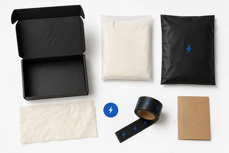 Black mailer box, a cream polybag, a black poly mailer, tissue, a round sticker and printed tape