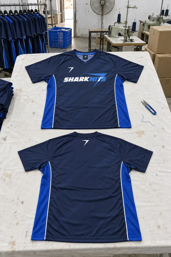Front and back of the PITCH soccer jersey laid flat: navy with royal blue mesh sides, white piping, SHARKNITS across the chest and a bolt below the collar on the back