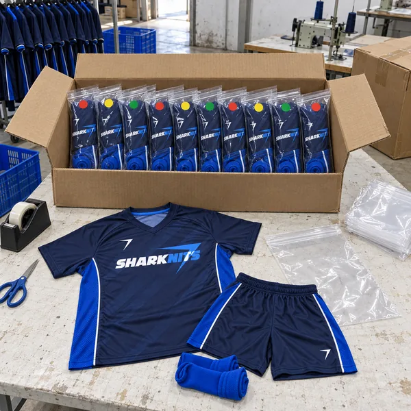 Ten PITCH kits in clear bags standing in an open carton, with one kit laid out in front