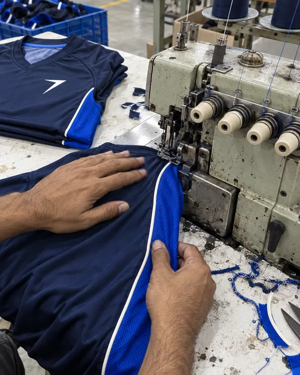 Hands guide a printed navy jersey panel and a royal blue mesh side panel through an overlock machine