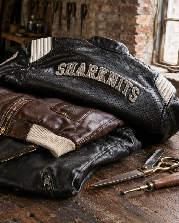Three leather jackets stacked on a wooden bench, the top one black with SHARKNITS in chenille letters across the back