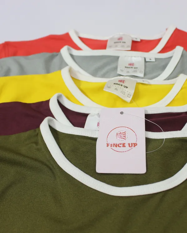 Fince Up ringer tees in five colors with a printed hang tag