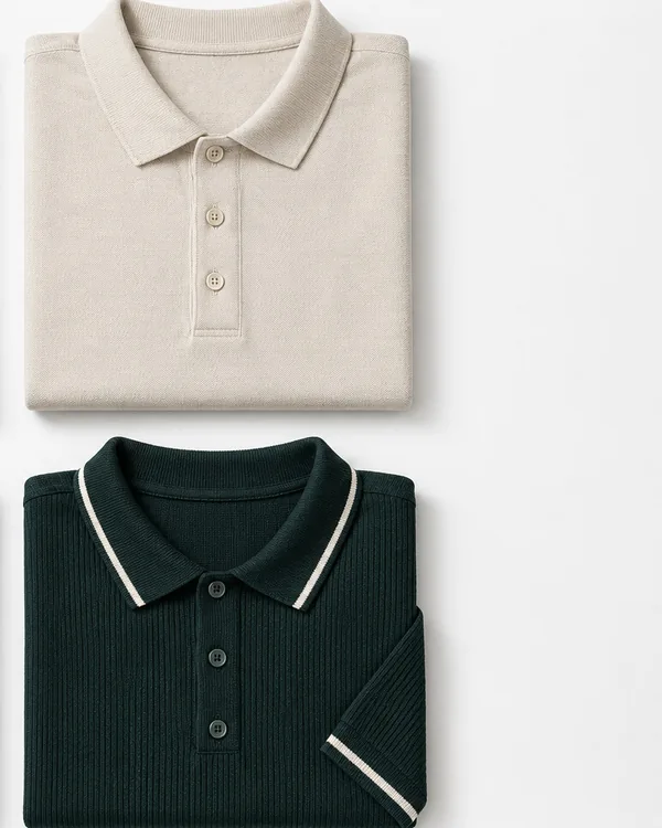 Folded cream polo, and a dark green polo with cream tipping on the collar and sleeves