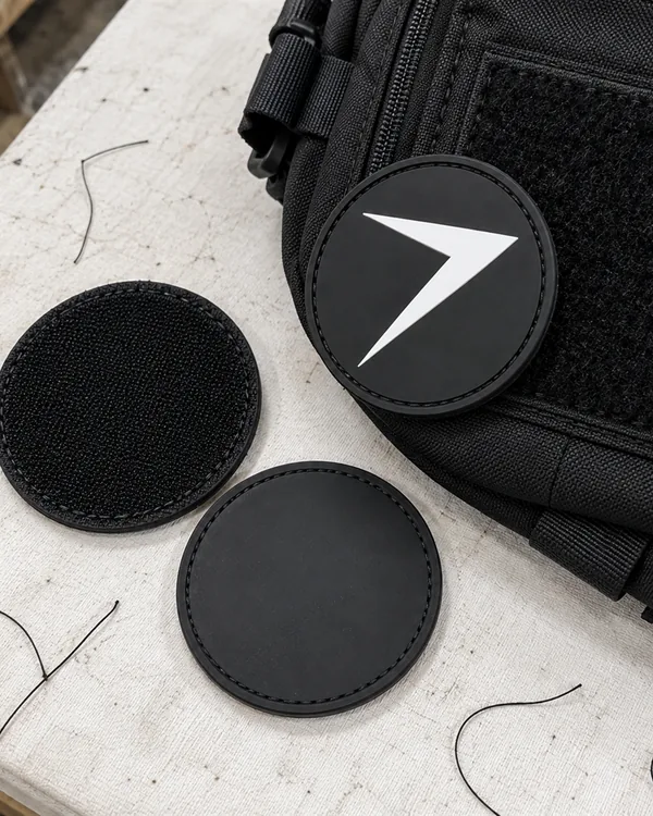 Round PVC patches: one face up on a backpack, one with a hook-and-loop back and one with a plain back