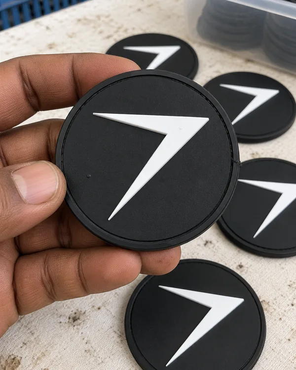 A hand tilts a round black PVC patch to show the white bolt raised above the base