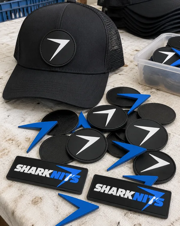 Black trucker cap with a round PVC bolt patch, beside a pile of round, rectangle and bolt shaped PVC patches