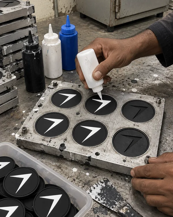 A worker fills a six-cavity patch mold with white liquid PVC from a squeeze bottle