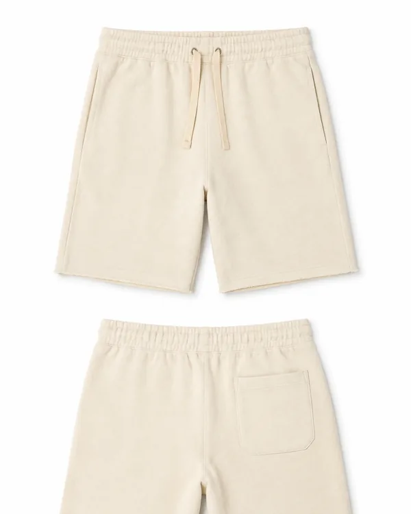 Cream fleece sweat shorts with a drawcord, front and back