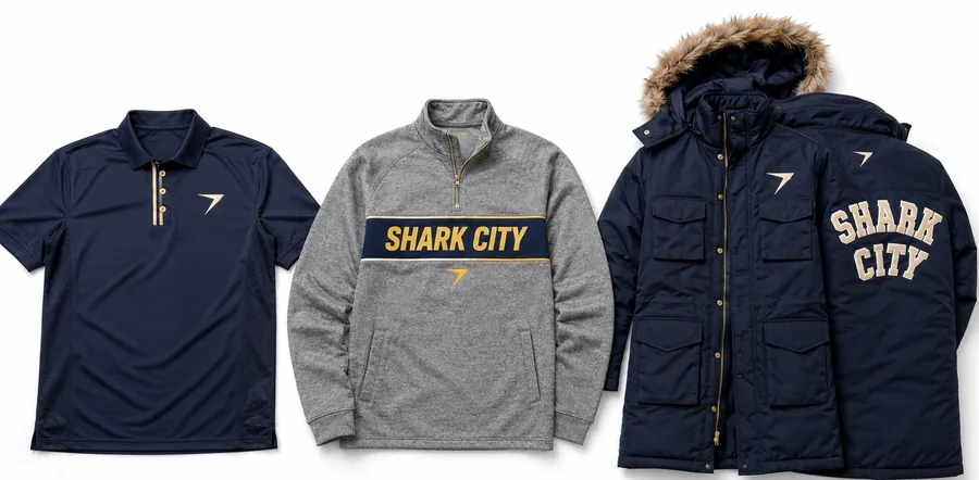 Navy coach polo, gray quarter-zip with SHARK CITY across the chest, and a navy hooded parka