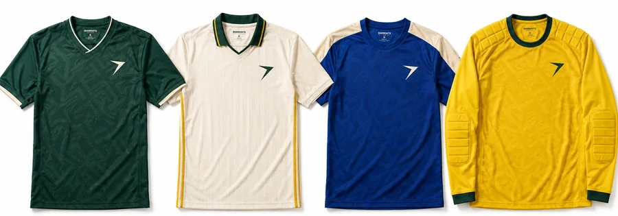 Four soccer jerseys side by side: green, cream, blue, and a yellow padded goalkeeper jersey
