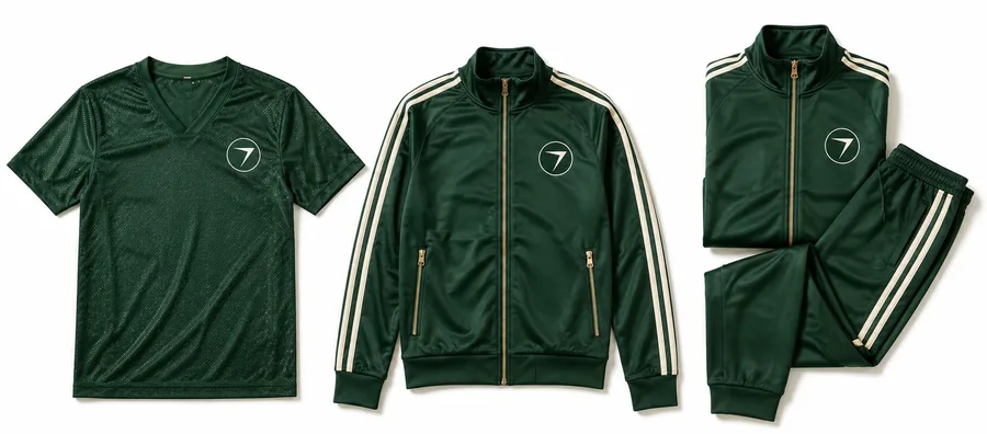 Green training jersey, a warm-up jacket with cream stripes, and a folded tracksuit