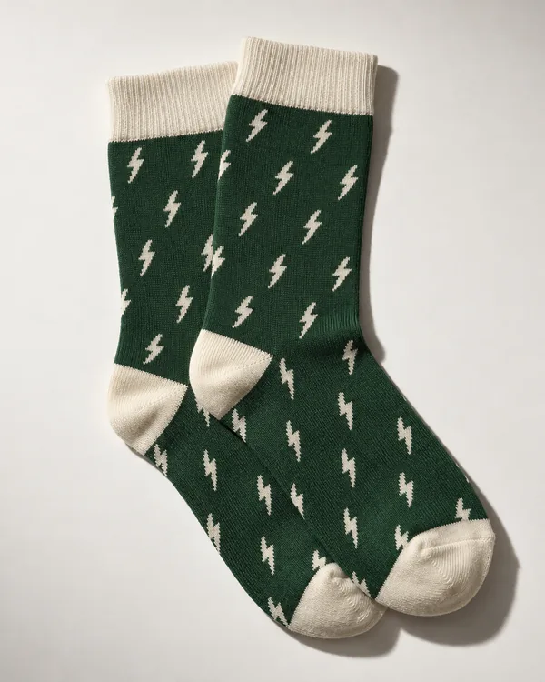 Green crew socks with white bolts knitted in