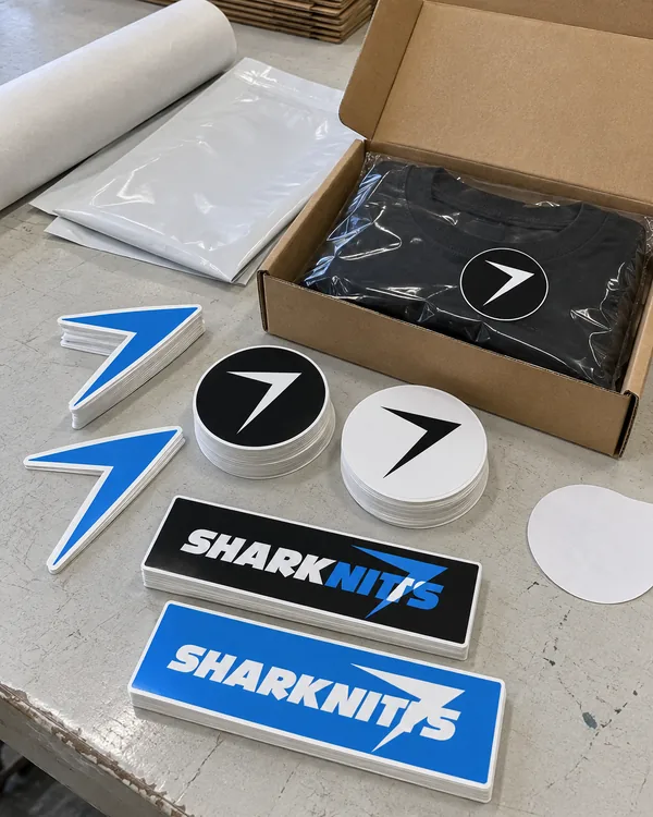 Stacks of bolt, badge and SHARKNITS stickers on a packing table, next to an open mailer box with a folded black tee