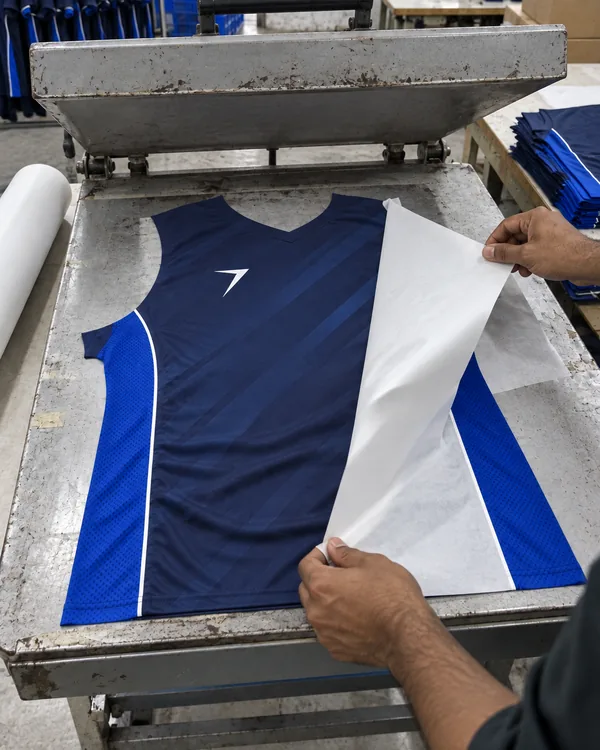 Hands peel white transfer paper off a freshly printed navy jersey panel with royal blue sides on a heat press