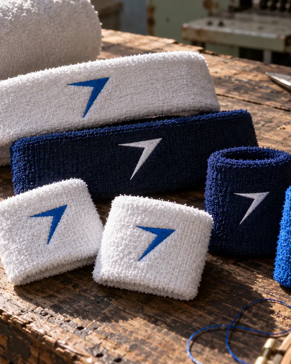Close up of terry headbands and wristbands in white, navy and blue, each with a bolt in raised embroidery