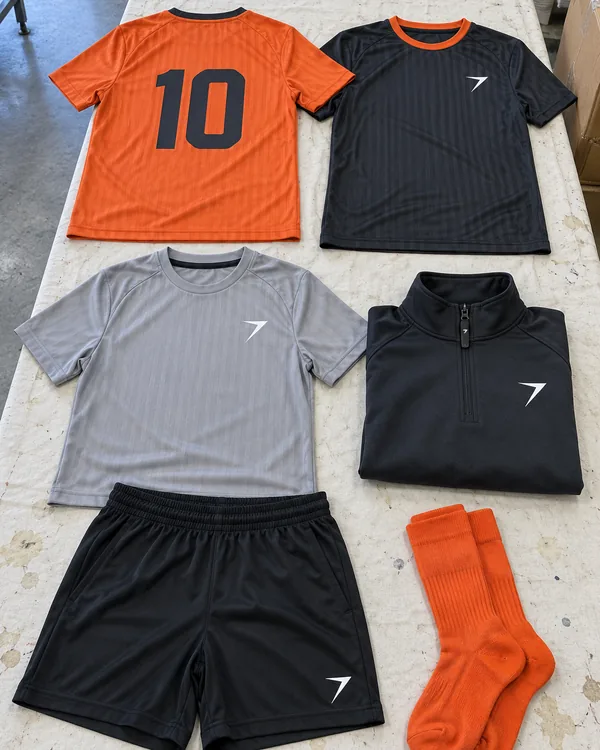 A club kit laid out on a table: an orange jersey with a 10, a charcoal away jersey, a gray training top, a charcoal quarter-zip, black shorts and orange socks