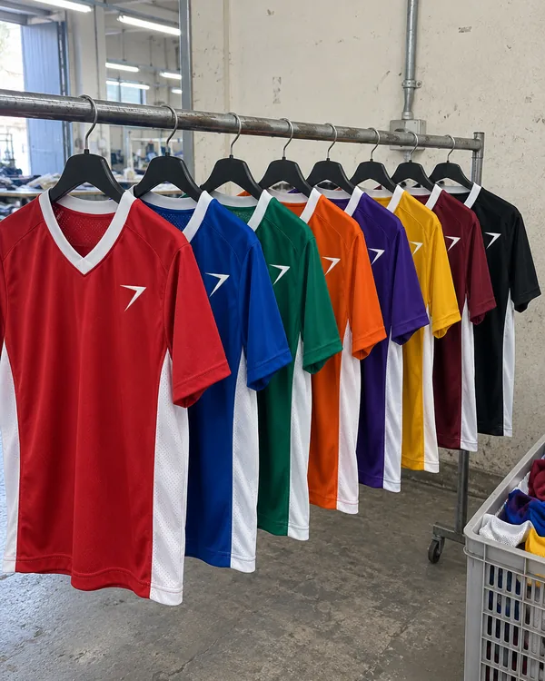 One jersey design in eight league colors on a rail: red, royal blue, green, orange, purple, gold, maroon and black, each with white side panels