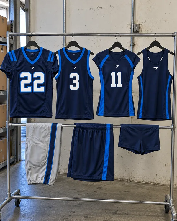 One school's uniforms for four sports on a rail: navy tops for football, basketball, volleyball and track, with the bottoms below