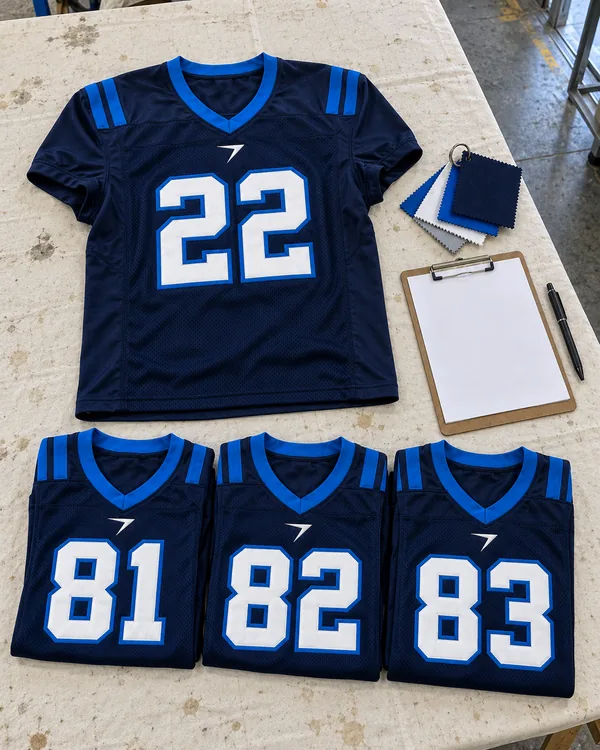 A navy game jersey with a white 22 on a table, above three folded jerseys numbered 81, 82 and 83, beside a clipboard and color swatches