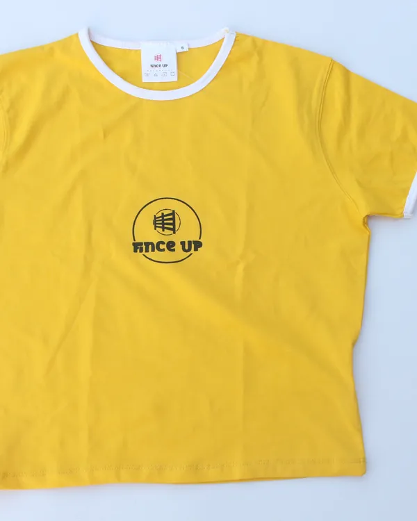 Gold Fince Up ringer tee with a printed logo, flat