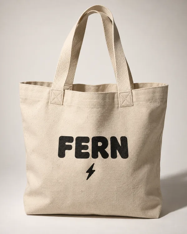 Natural canvas tote bag printed with FERN and a small bolt
