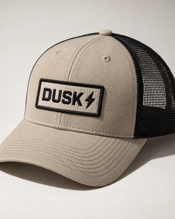 Sand trucker cap with a black mesh back and a woven DUSK patch on the front