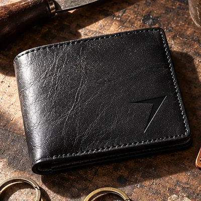 Black leather bifold wallet with a debossed bolt