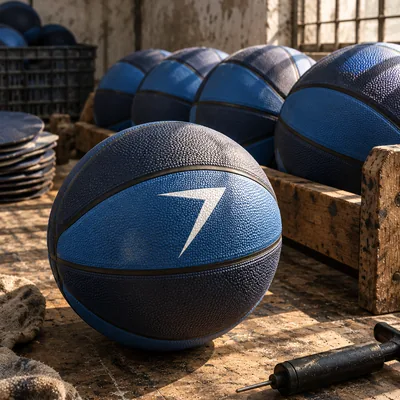 Blue and navy basketball with a white bolt, in front of a rack of basketballs