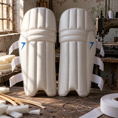 Pair of white batting pads with a blue bolt on each wing