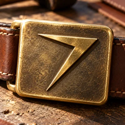 Brass plate belt buckle cast with a raised bolt, on a chestnut leather belt