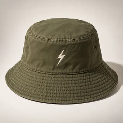 Olive twill bucket hat with a small embroidered bolt