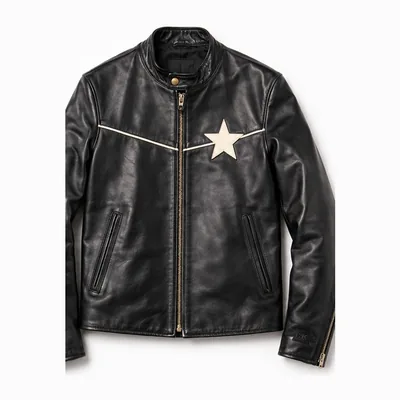 Black leather cafe racer jacket with a star