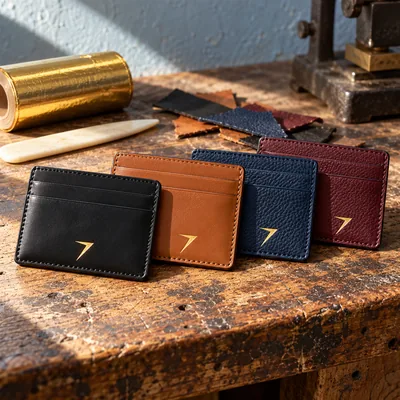 Card holders in black, tan, navy and burgundy, each with a gold foil bolt