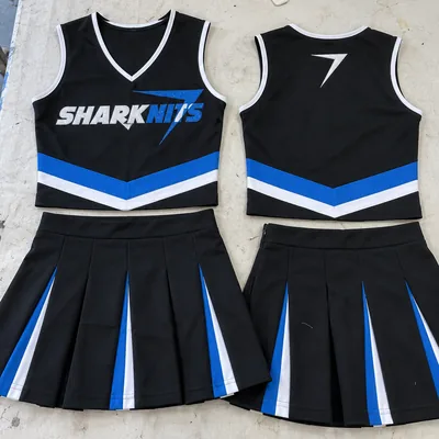 Two RALLY cheer uniforms, front and back: black shells with a blue and white chevron over pleated skirts