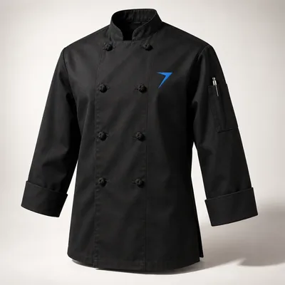 Black double-breasted chef coat with a blue bolt on the chest